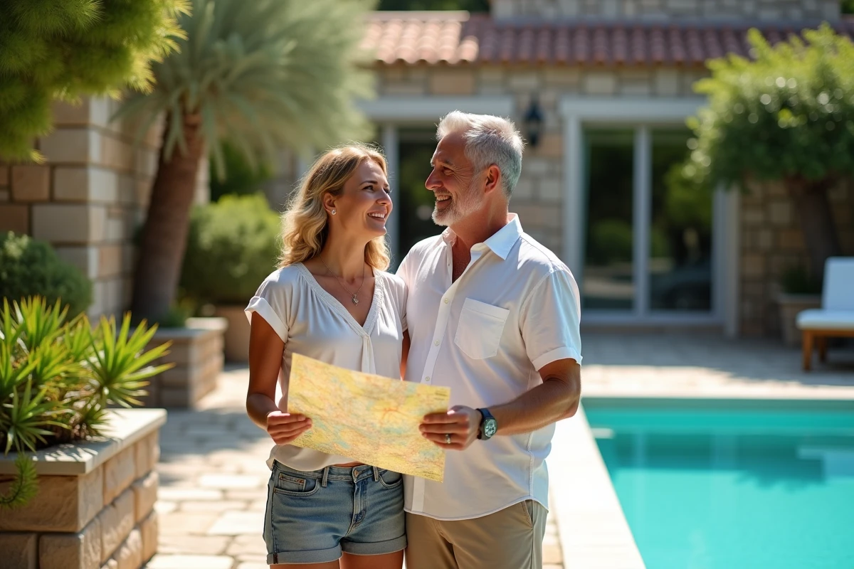 Couple souriant devant la piscine turquoise en vacances