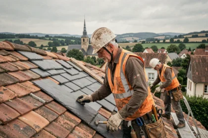 Équipe de couvreurs professionnels travaillant sur une toiture en Moselle avec vue sur un village lorrain