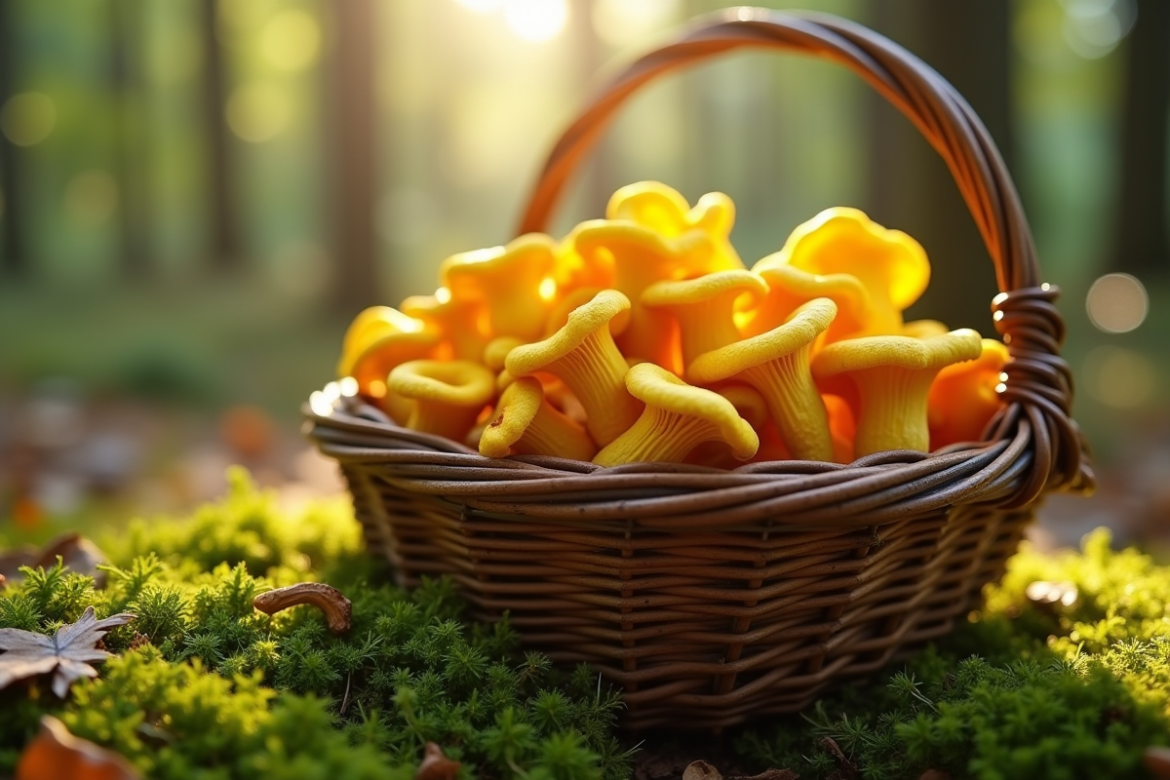 Panier de girolles fraîches dans la forêt ensoleillée