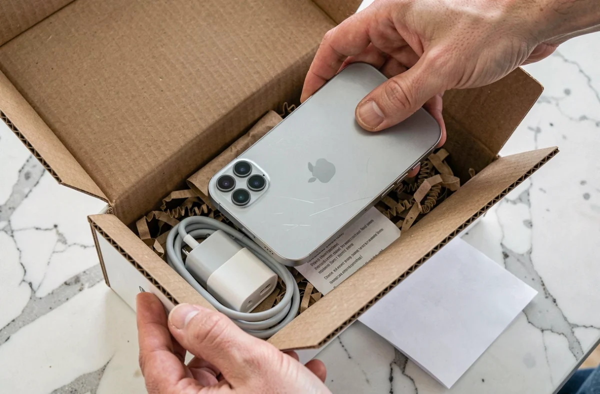 Déballage d'un iPhone 15 reconditionné révélant une rayure sur le boîtier