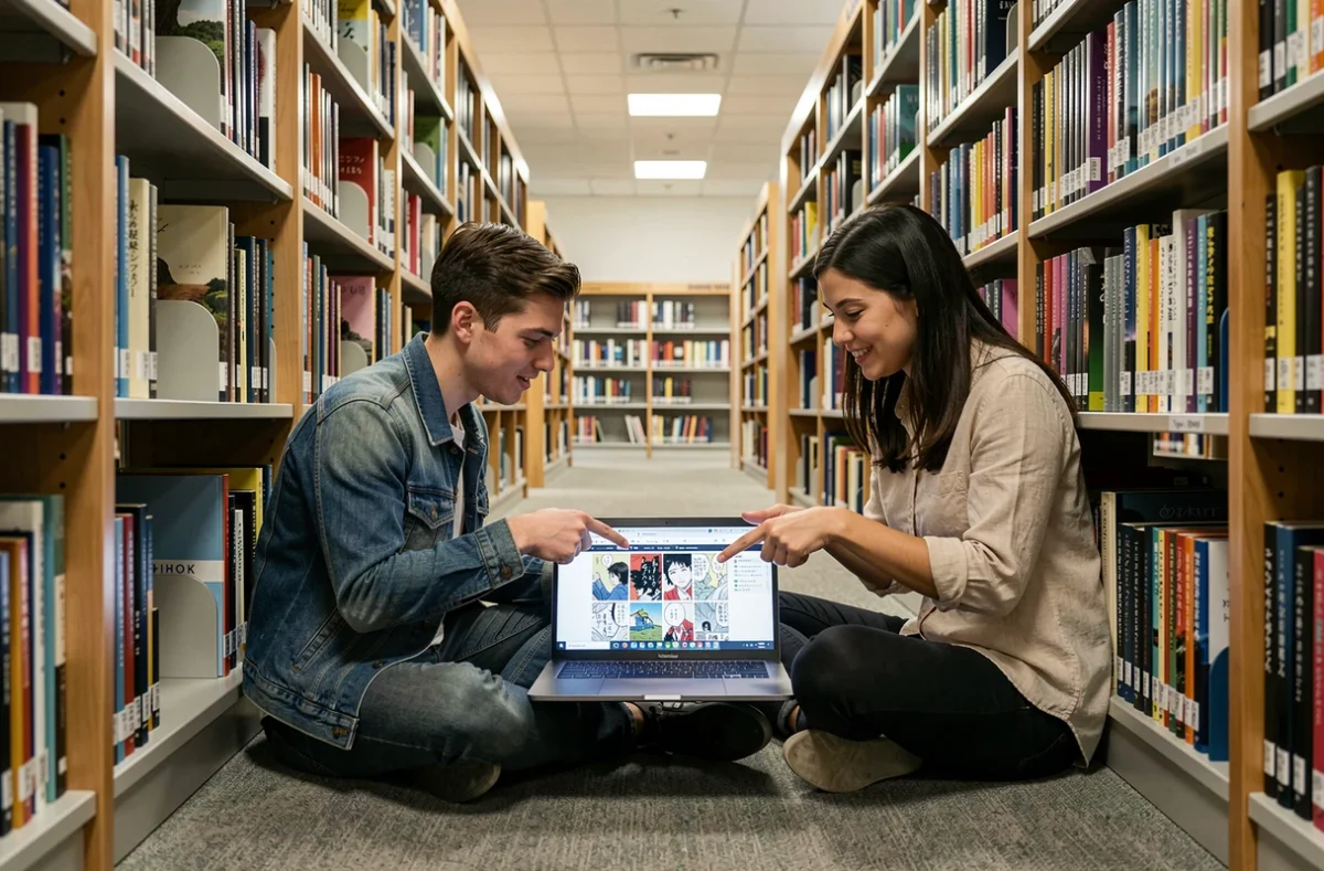 Deux personnes découvrant ensemble les scanlations de One Punch Man sur ordinateur portable en bibliothèque