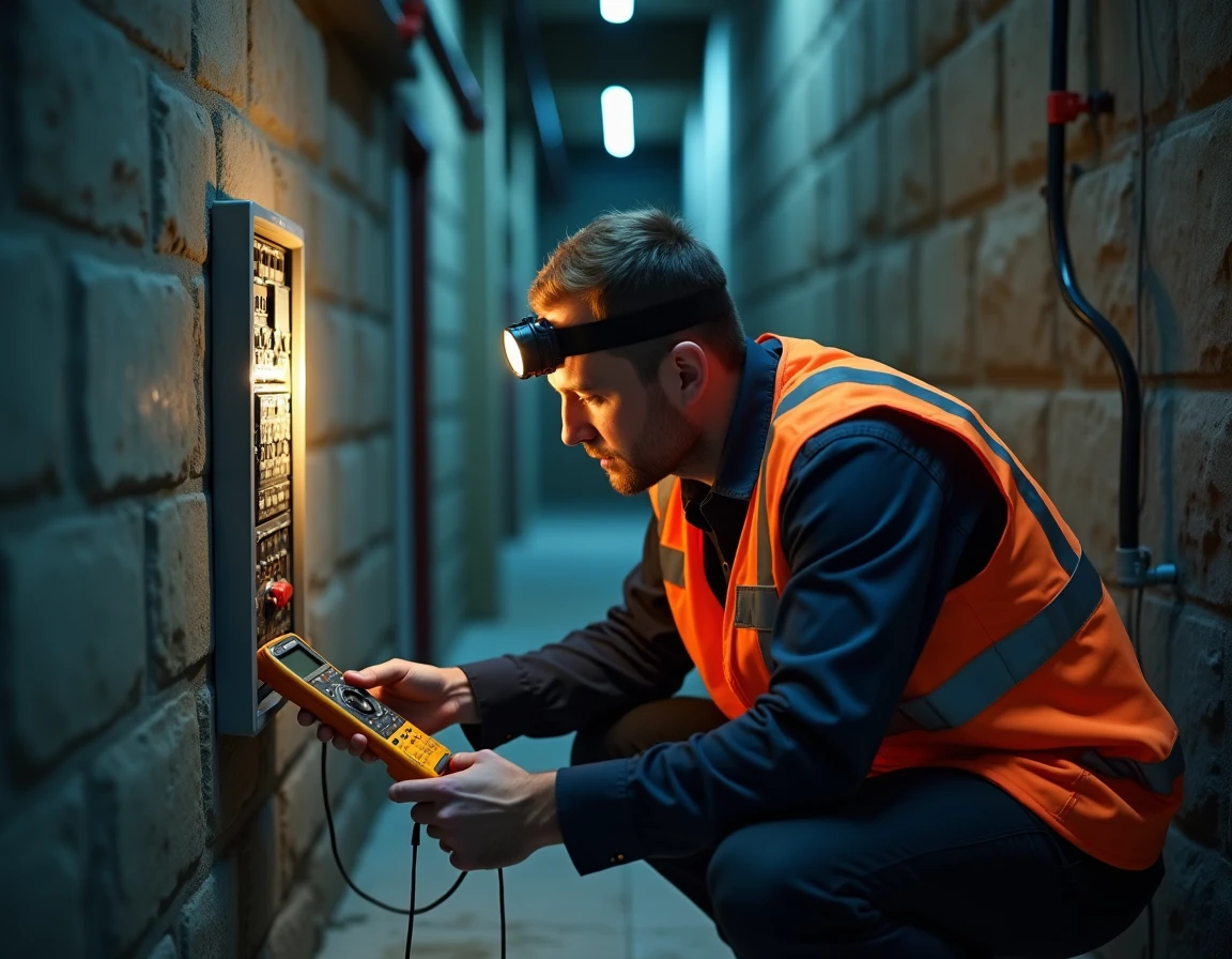 Technicien de Depanneo Pro diagnostiquant une panne électrique dans un sous-sol résidentiel