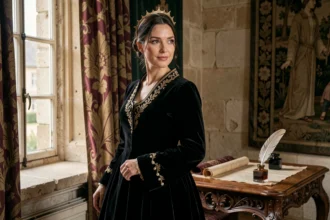 Portrait d'une femme en robe de velours noire inspirée de la Renaissance dans un château, évoquant Diane de Poitiers, maîtresse royale d'Henri II
