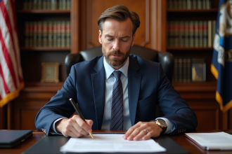 Diplomate homme en costume dans un bureau d'ambassade
