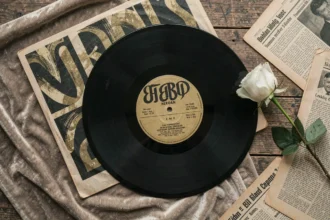 Disque vinyle vintage des années 1970 avec une rose fanée et des coupures de presse jaunies évoquant la mémoire de Mike Brant