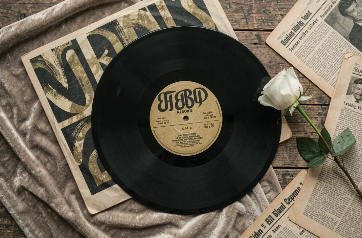 Disque vinyle vintage des années 1970 avec une rose fanée et des coupures de presse jaunies évoquant la mémoire de Mike Brant