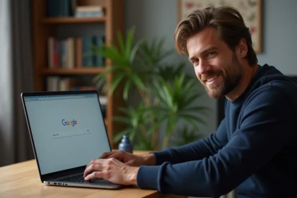 Homme souriant devant un laptop avec la recherche Google 'Do a Barrel Roll' en mode navigation privée