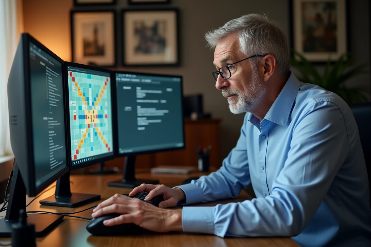 Homme configurant un double écran pour optimiser l'affichage d'une partie de Scrabble en mode furtif depuis son bureau professionnel