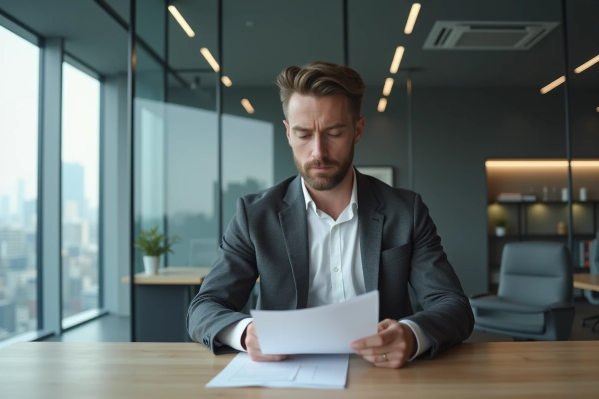 Homme en blazer sombre travaillant seul dans un bureau moderne vitré, symbolisant la discrétion professionnelle de David Doukhan