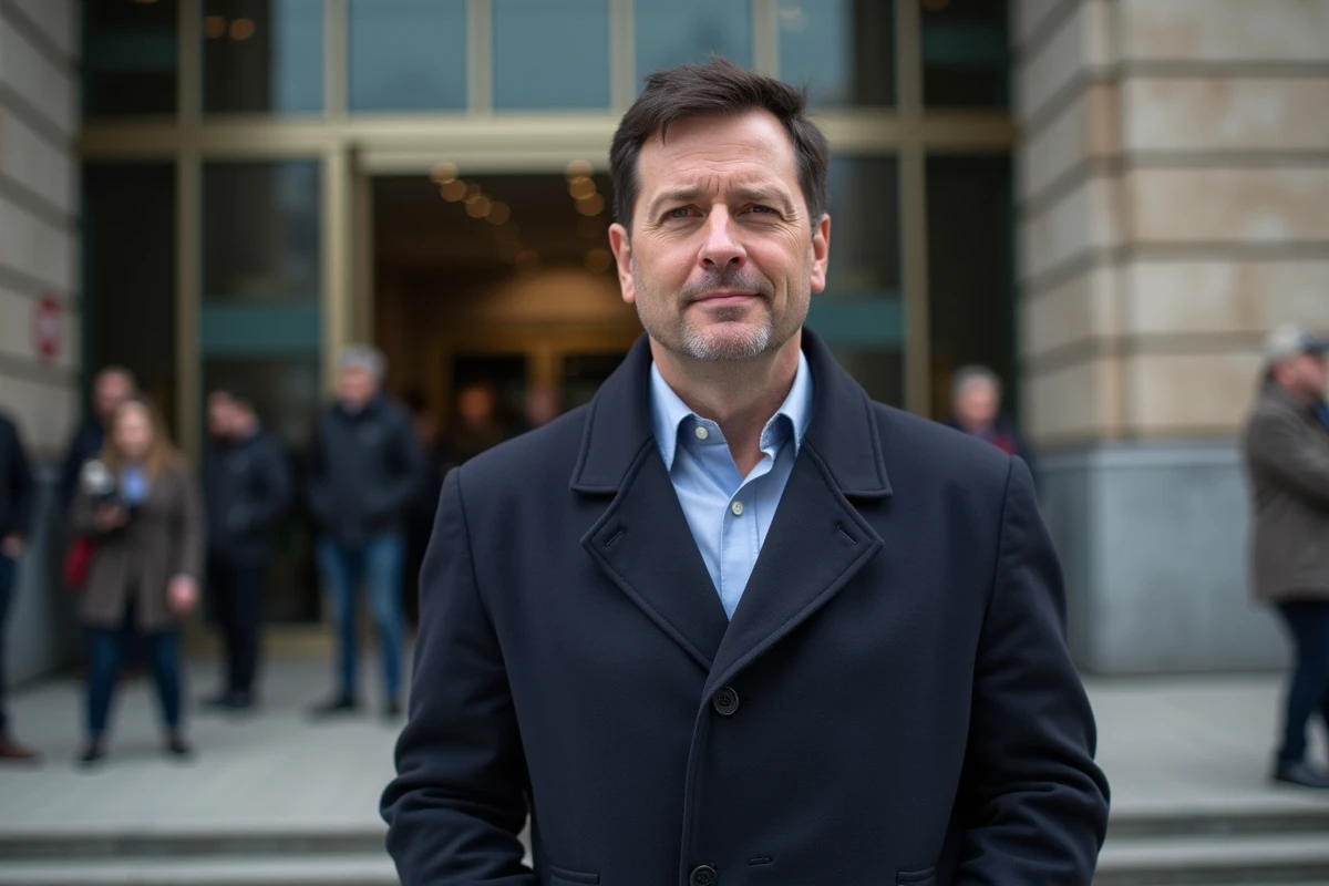 Portrait d'un homme de médias devant un bâtiment audiovisuel public, illustrant l'exposition médiatique de David Doukhan