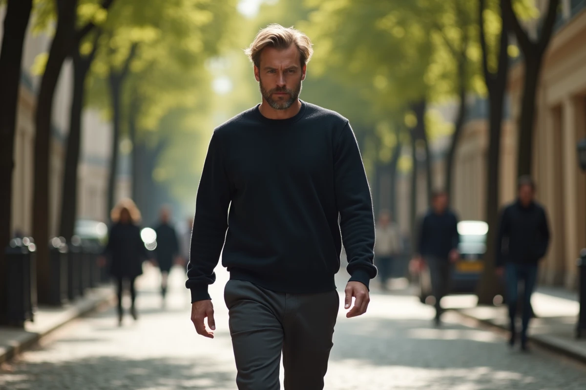 Homme marchant seul dans une rue parisienne, évoquant la dualité entre vie privée et exposition publique de David Doukhan