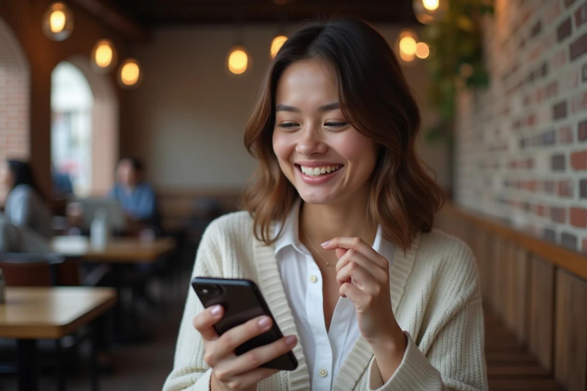 Femme surprise par l'easter egg Do a Barrel Roll sur smartphone en mode navigation privée dans un café