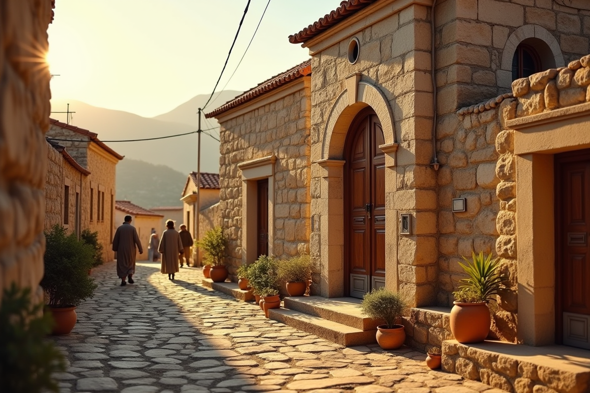 Eglise ancienne de Kfardlakos au coucher de soleil avec habitants