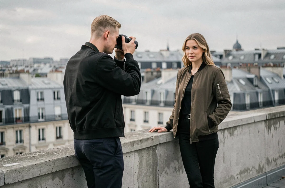 Elliot Aubin, photographe mode et lifestyle à Paris, dirigeant un modèle en shooting sur un toit parisien