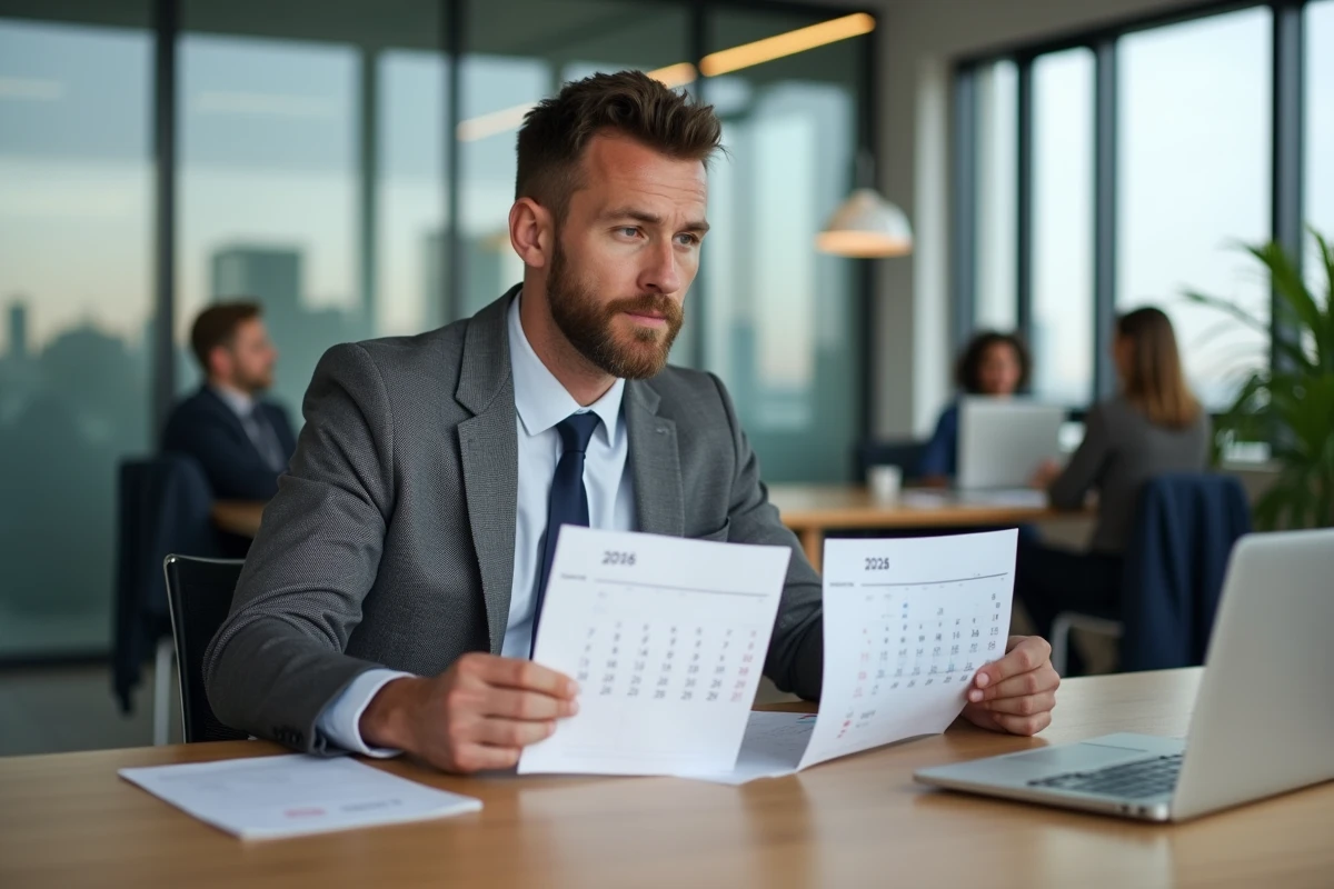 Employé frontalier comparant les calendriers de jours fériés France et Suisse 2026 dans un bureau