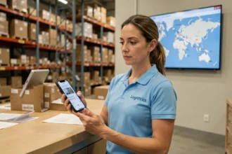 Employée logistique Amazon consultant un numéro de suivi de colis sur son smartphone dans un entrepôt