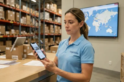 Employée logistique Amazon consultant un numéro de suivi de colis sur son smartphone dans un entrepôt