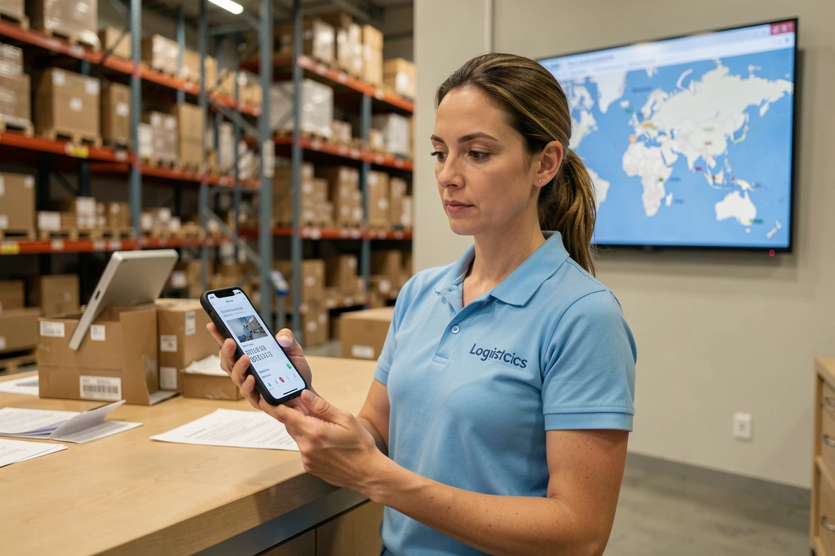 Employée logistique Amazon consultant un numéro de suivi de colis sur son smartphone dans un entrepôt