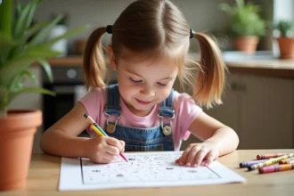 Fille d age préscolaire coloriant un jeu de différences