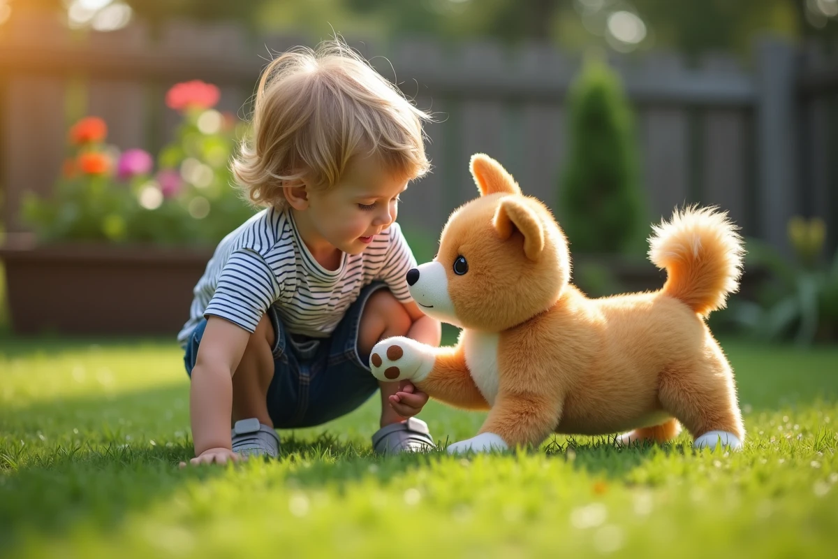 Enfant curieux examinant une peluche dans un jardin