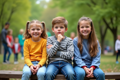 Trois enfants de différents ages sur un banc dans un parc ensoleille