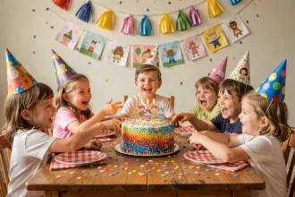 Enfants joyeux autour d'un gâteau d'anniversaire coloré avec bougies et confettis pour fête amusante
