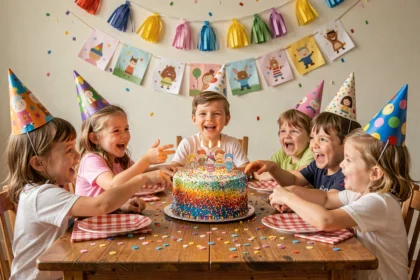 Enfants joyeux autour d'un gâteau d'anniversaire coloré avec bougies et confettis pour fête amusante