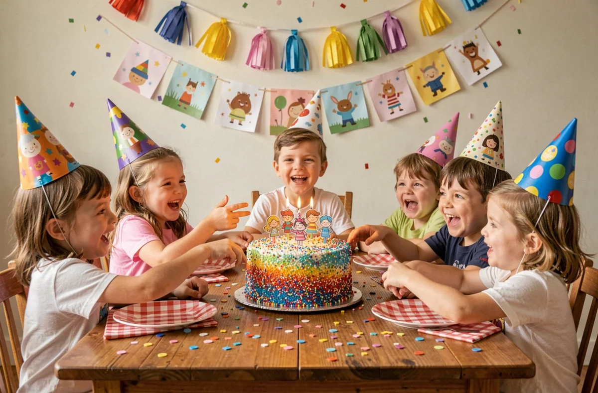 Enfants joyeux autour d'un gâteau d'anniversaire coloré avec bougies et confettis pour fête amusante