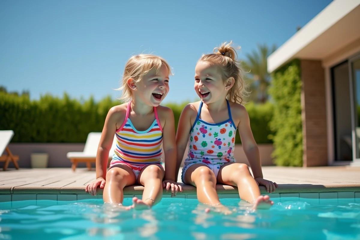 Enfants riant en jouant dans la piscine en vacances