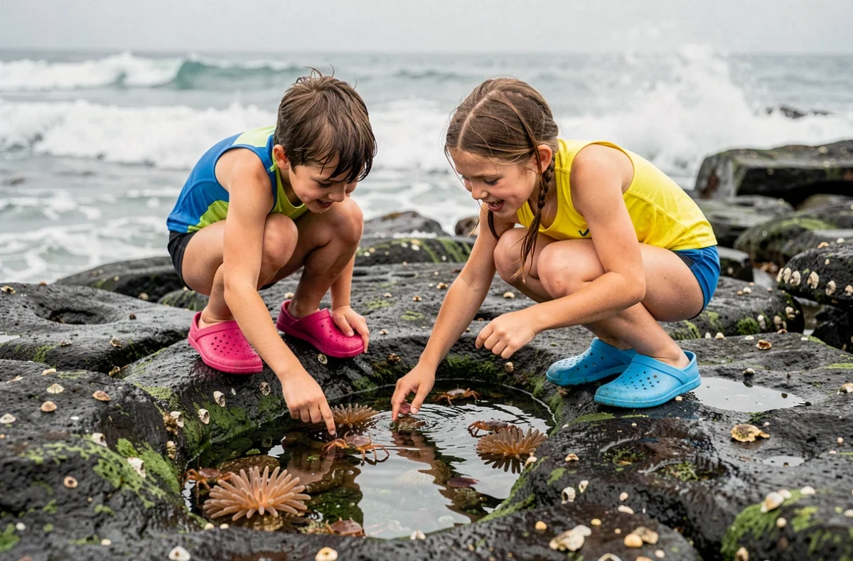 Enfants explorant des mares de rochers à marée basse sur la côte de Capbreton