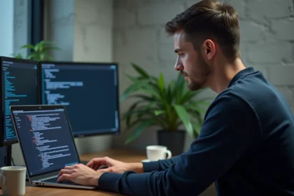 Homme utilisant un logiciel de scan réseau Epsilon sur un ordinateur portable dans un bureau moderne en 2026