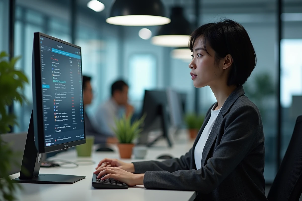 Femme analysant un tableau de bord Epsilon Scan avec de nouvelles adresses réseau dans un espace de travail collaboratif