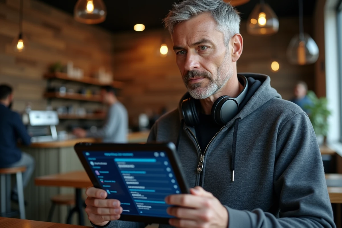 Homme consultant une mise à jour Epsilon Scan sur tablette dans un café branché, astuces et nouvelles adresses réseau