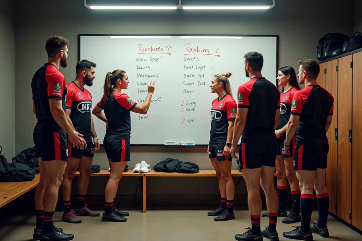 Groupe de joueurs de rugby autour d'un tableau blanc en vestiaire