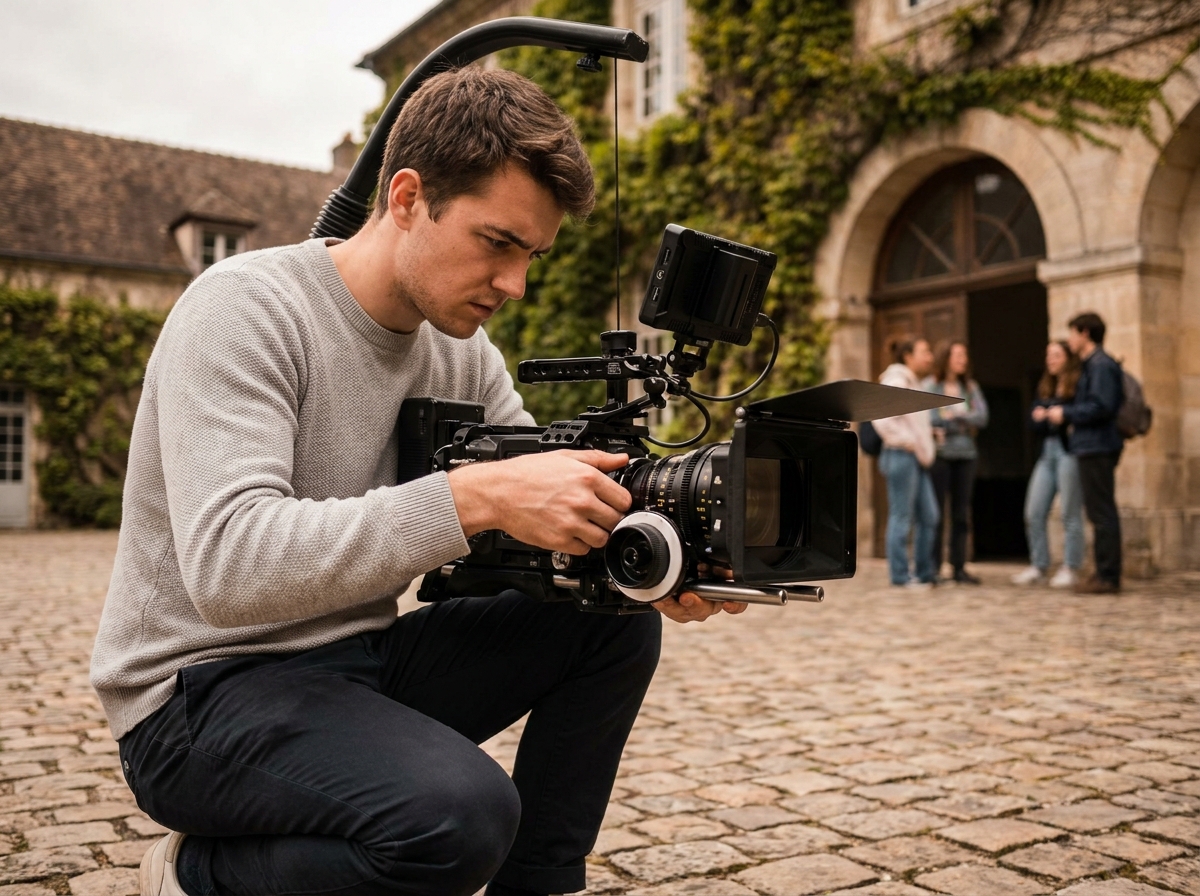 Étudiant réglant une caméra cinéma professionnelle dans la cour d'une école spécialisée en France