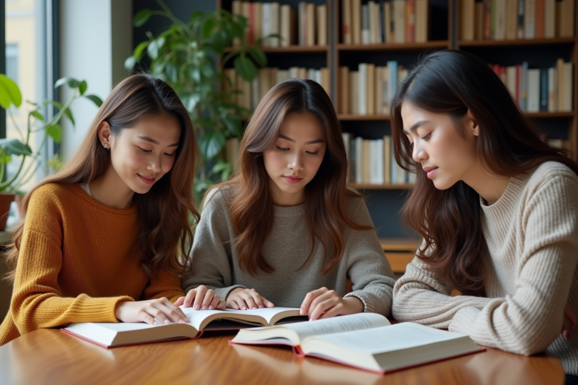 Trois étudiants universitaires lisant dans une bibliothèque