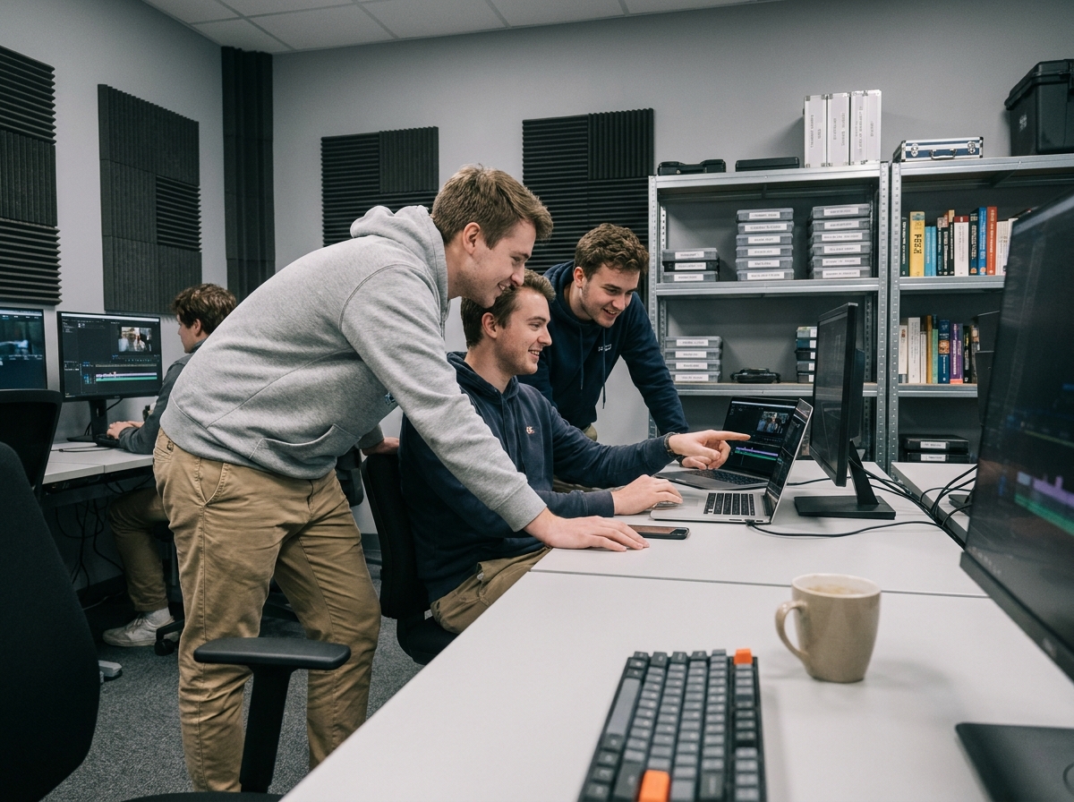 Groupe d'étudiants en montage vidéo dans une salle de post-production d'une école de cinéma spécialisée