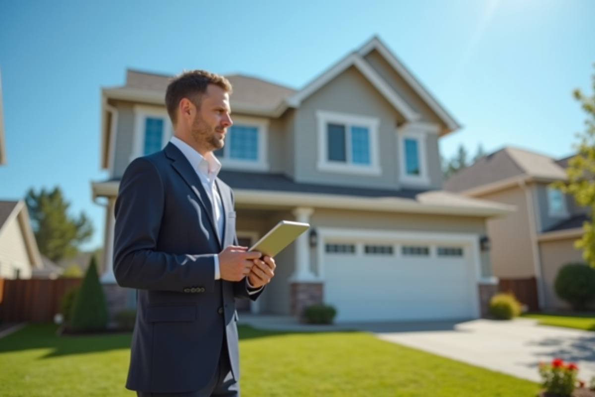 Expert en estimation immobiliere utilisant une tablette devant une maison