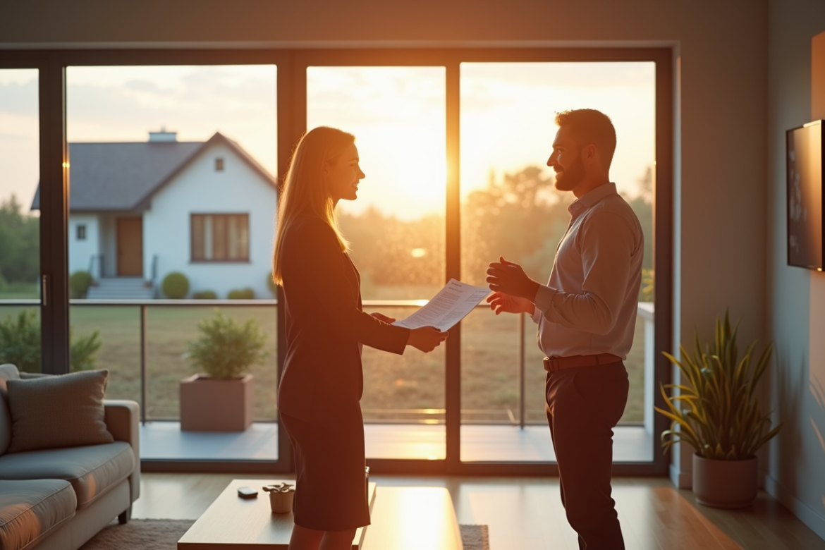 Expert immobilier et propriétaire dans un salon lumineux