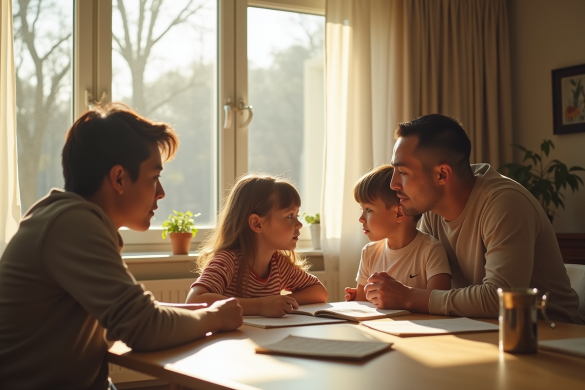 Famille moderne assise autour d'une table lumineuse en salon