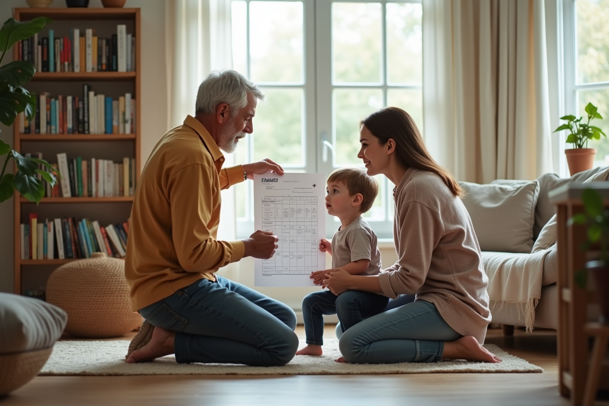 Parent et enfants discutant autour d un calendrier dans un salon chaleureux