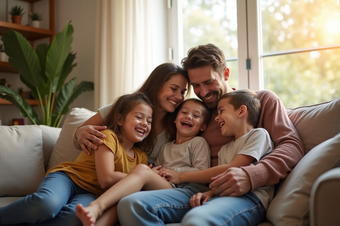 Famille recomposée heureuse en câlin chaleureux
