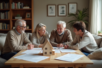 Famille multigenerational autour de documents immobiliers