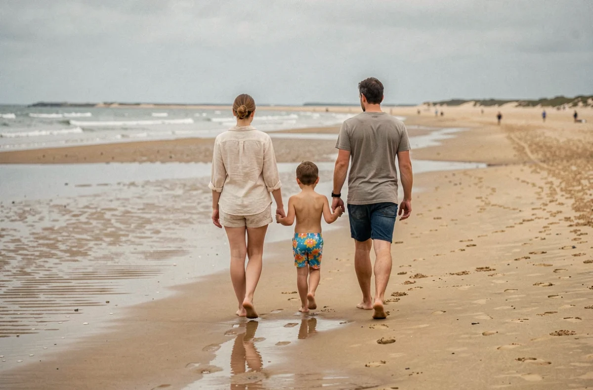Famille se promenant sur la plage de Capbreton à marée basse, sable mouillé et vagues en arrière-plan