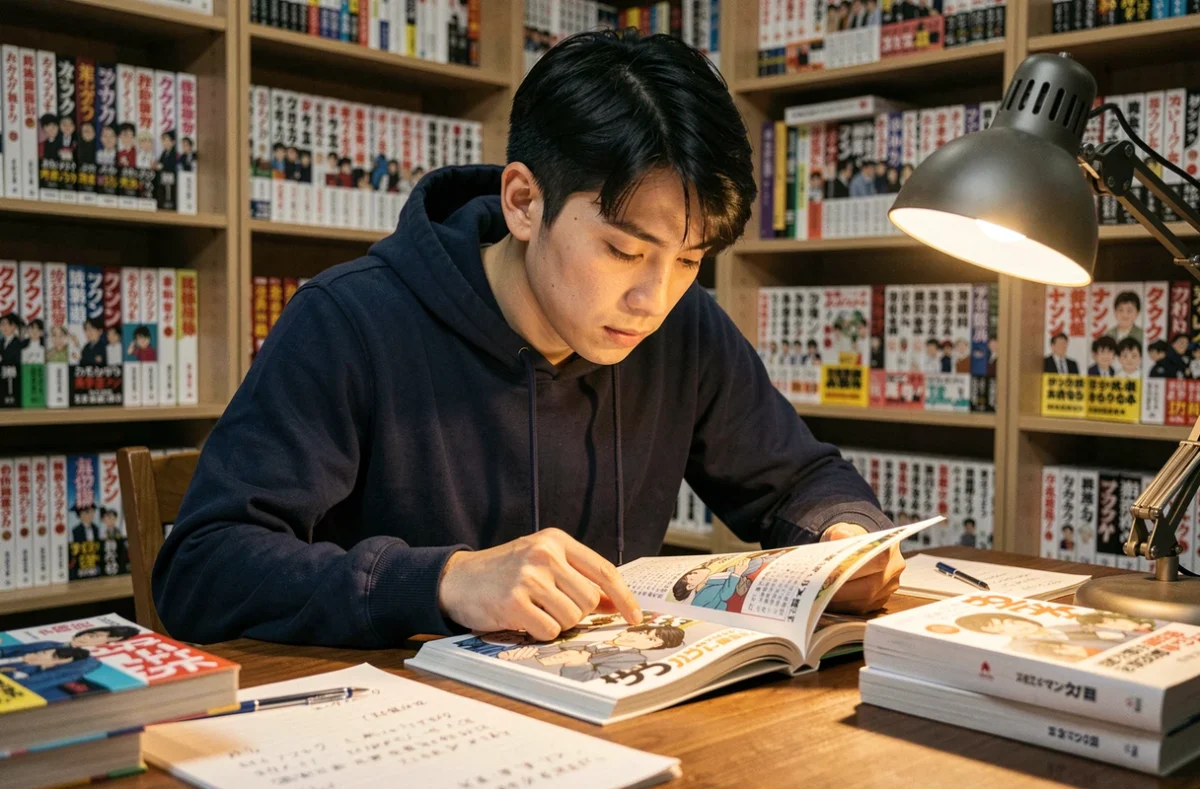 Fan de manga lisant le tome One Piece à son bureau entouré de volumes de manga japonais