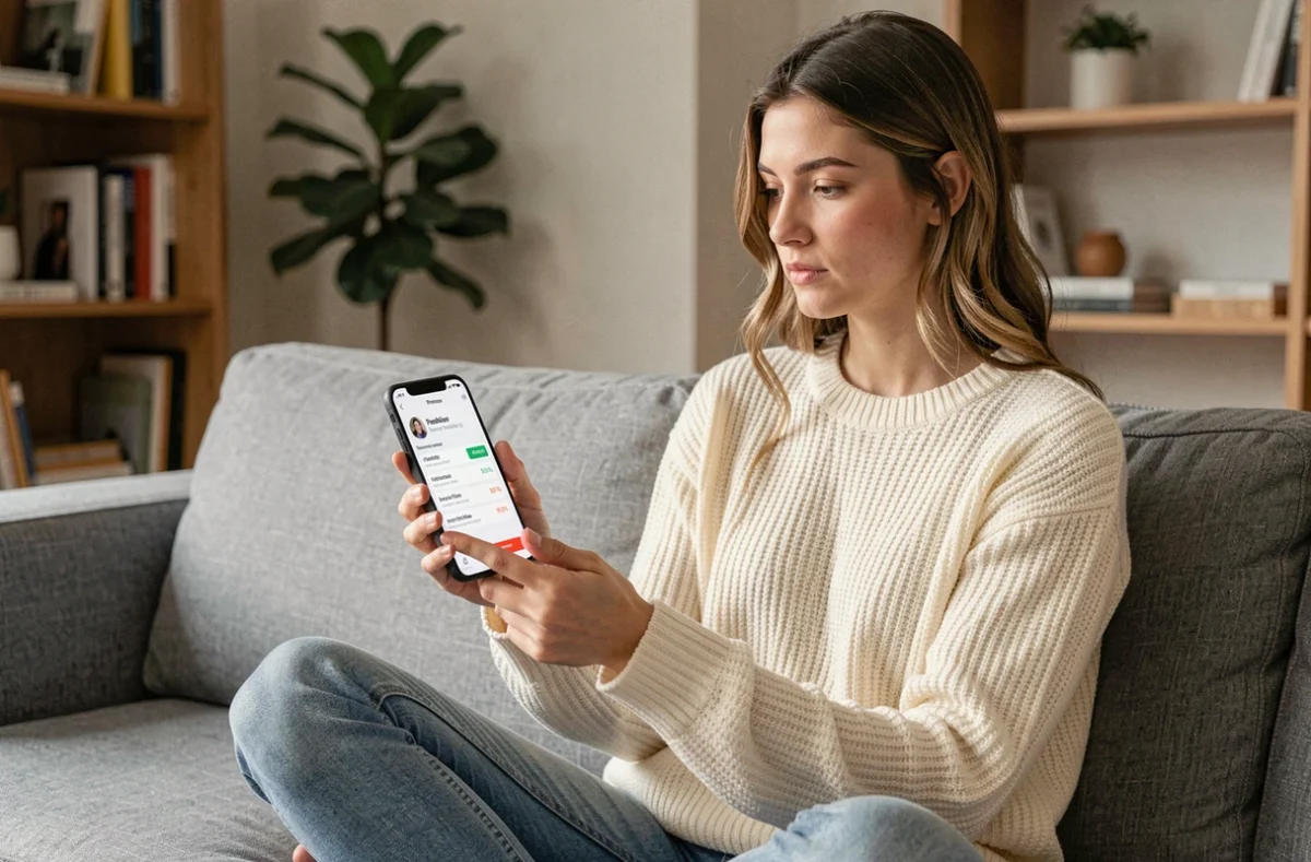 Jeune femme consultant les tarifs d'abonnement YouTube Premium sur son smartphone dans un salon moderne et cosy