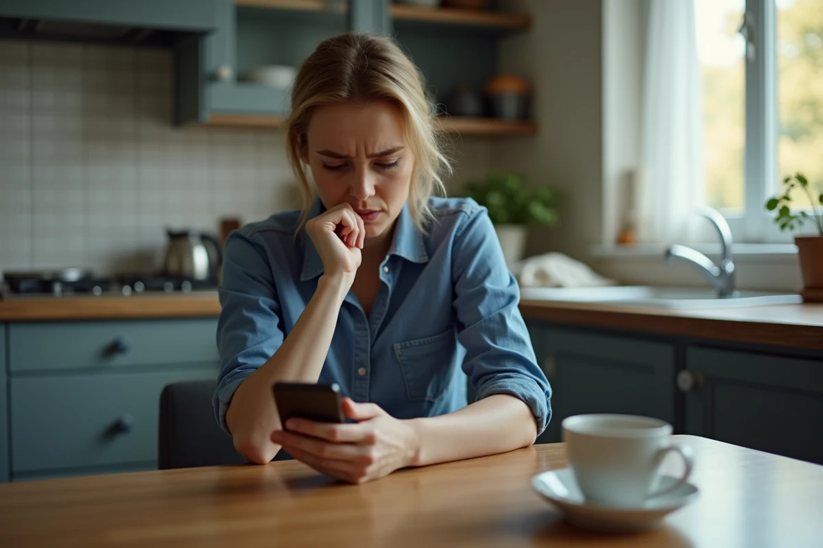 Femme anxieuse consultant un site de jeux d'argent sur smartphone, signaux d'alerte addiction aux jeux en ligne