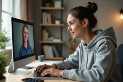 Jeune femme en appel vidéo anonyme sur son ordinateur portable depuis son bureau à domicile
