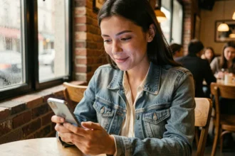 Jeune femme vérifiant une application de rencontre sur son smartphone dans un café parisien