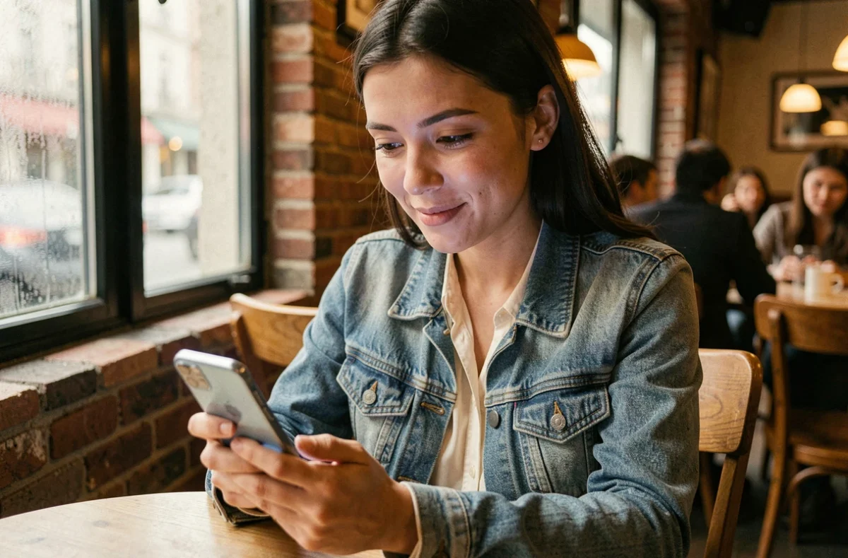 Jeune femme vérifiant une application de rencontre sur son smartphone dans un café parisien
